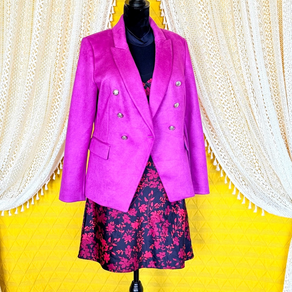 Bold Magenta Preppy Career Faux Suede Double Breasted Studio Blazer WHBM Size 12 - Picture 3 of 17